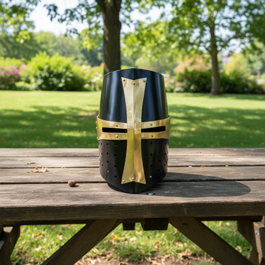 Medieval Templar Crusader Helmet | wooden stand