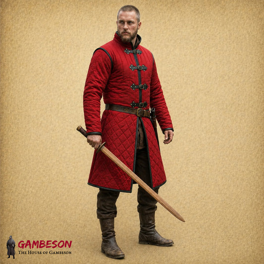 Handmade Linen Gambeson – Black Quilted Padded Armor for LARP, SCA & Medieval Costume with Leather Trim