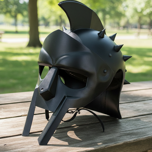 Black Spartan Gladiator Helmet with  wooden stand