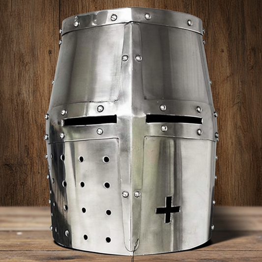 Knight Templar Helmet Silver with  Wooden Stand