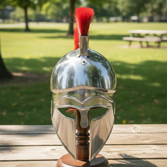 Greek Corinthian Helmet Silver Finish | Red Plume with Wooden stand