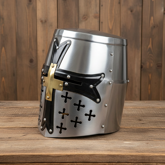 Crusader Templar Helmet Silver Steel Black Cross with Wooden Stand