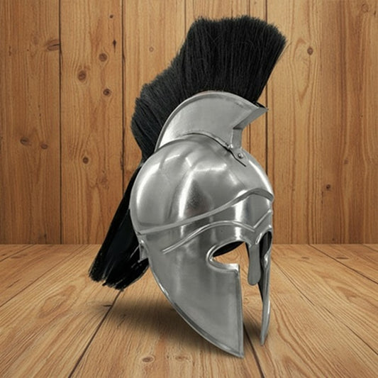 Greek Silver Helmet with Black Plume – Warrior Armor  wooden stand