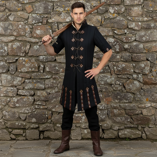 Medieval Blue Gambeson – Padded Armor Coat with Leather Closures for LARP & Ren Faire