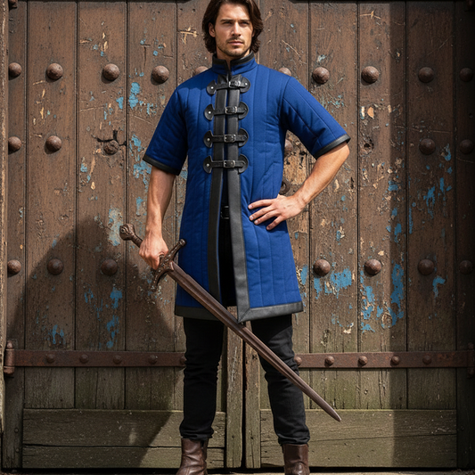 Medieval Blue Gambeson with Black Leather Trim – Short Sleeve Padded Armor
