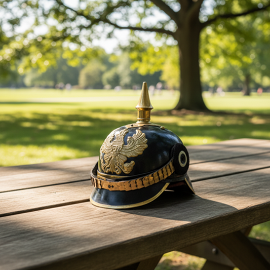 German Pickelhaube black Officer Helmet  Wooded Stand ,