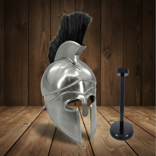 Greek Silver Helmet with Black Plume – Warrior Armor  wooden stand