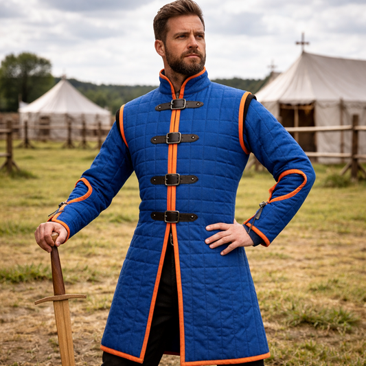 Medieval Blue Gambeson Jacket – Padded Arming Coat with Buckles