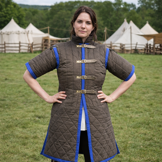 Medieval Padded Gambeson, Cotton Fabric Black Leather Trim , Labour Day Gifts