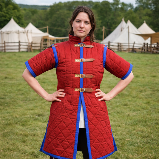 Medieval Padded Gambeson, Cotton Fabric Black Leather Trim , Labour Day Gifts