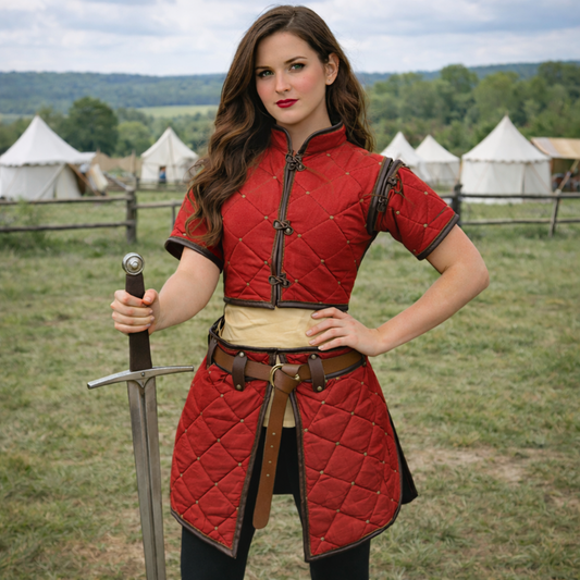 Witcher Red Gambeson Costume – Medieval LARP Armor with Tan Leather Trim