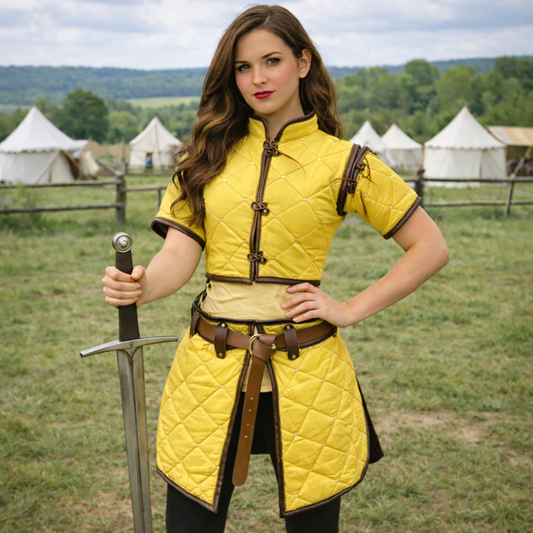 Witcher Red Gambeson Costume – Medieval LARP Armor with Tan Leather Trim