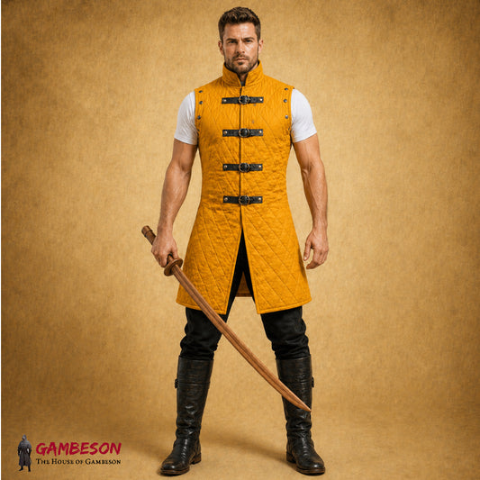 Medieval Black Cotton Gambeson – Thick Padded Aketon Jacket with Detachable Sleeves for Events