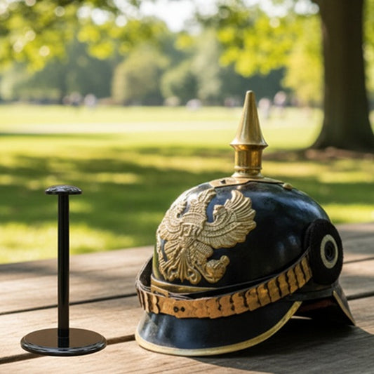 German Pickelhaube black Officer Helmet  Wooded Stand ,
