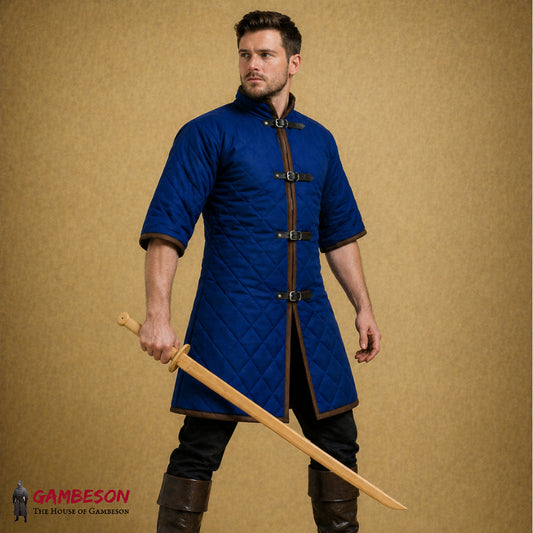 Medieval Royal Blue Cotton Padded Gambeson with Brown Trim Half Sleeves