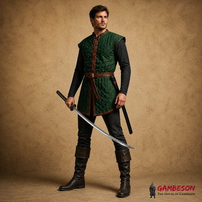 Royal Blue Medieval Padded Gambeson Armor with Brown Leather Accents for LARP and SCA Combat