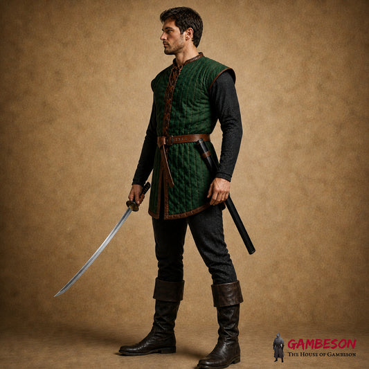 Royal Blue Medieval Padded Gambeson Armor with Brown Leather Accents for LARP and SCA Combat