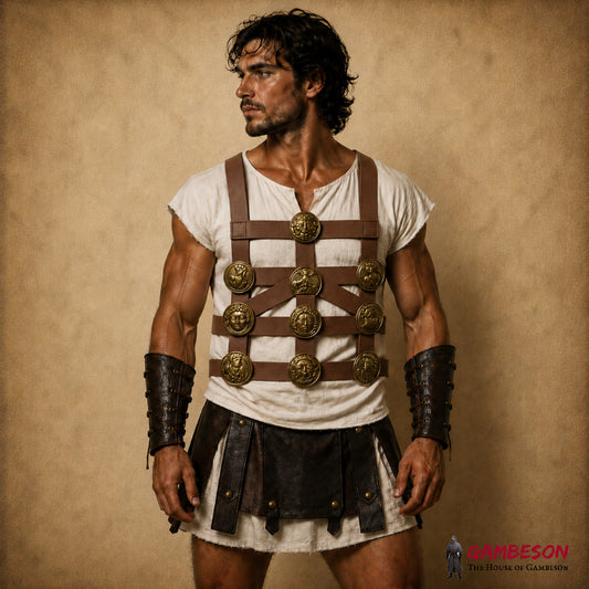 Roman Officer Phalera Belt – Handmade Brass & Leather Reenactment Armor Belt for Roman Soldiers