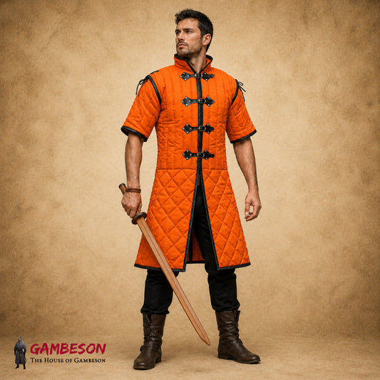 Medieval Linen Gambeson with Black Leather Trim – Padded Arming Doublet for SCA, LARP & Costume