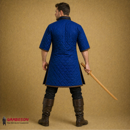 Medieval Royal Blue Cotton Padded Gambeson with Brown Trim Half Sleeves
