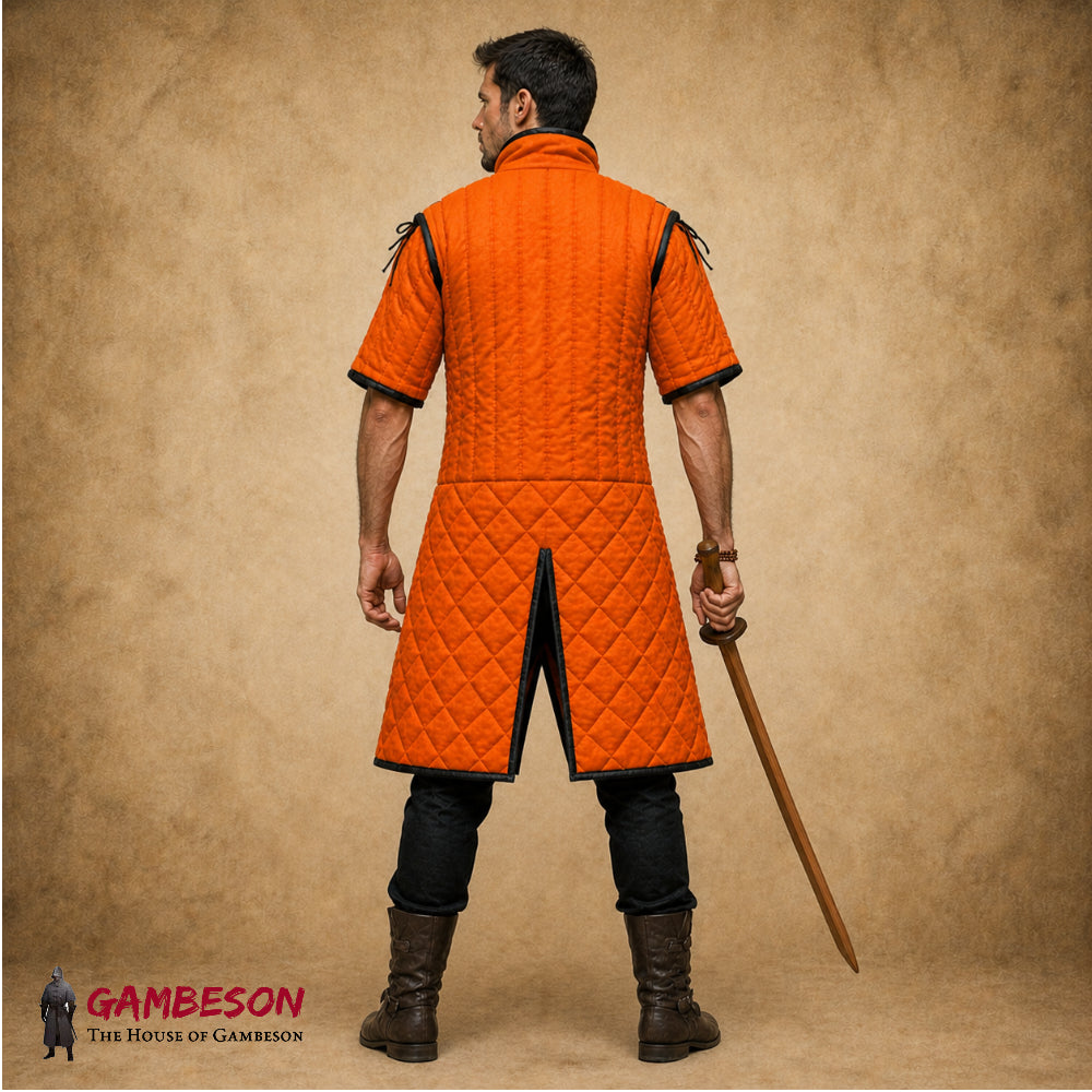 Medieval Linen Gambeson with Black Leather Trim – Padded Arming Doublet for SCA, LARP & Costume