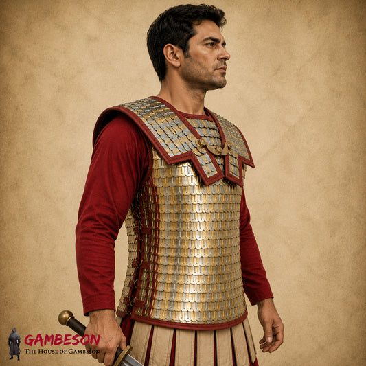Brass Scale Lorica Squamata Armor – Roman Reenactment Costume with Mixed Tin & Brass Scales