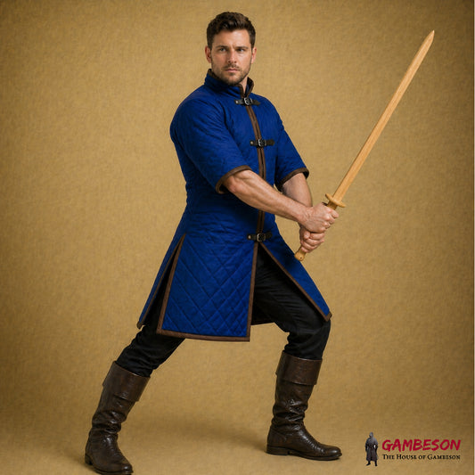 Medieval Royal Blue Cotton Padded Gambeson with Brown Trim Half Sleeves
