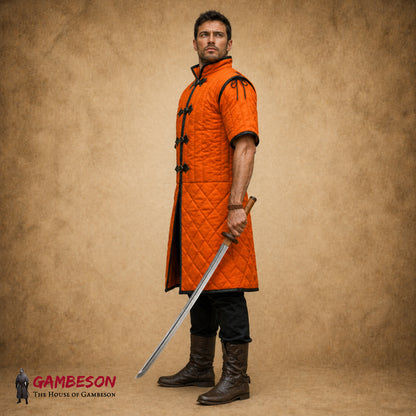 Medieval Linen Gambeson with Black Leather Trim – Padded Arming Doublet for SCA, LARP & Costume