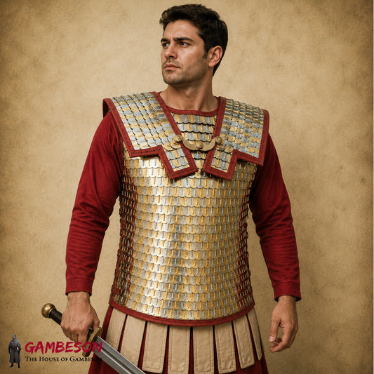 Brass Scale Lorica Squamata Armor – Roman Reenactment Costume with Mixed Tin & Brass Scales