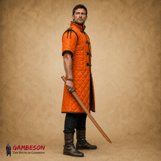 Medieval Linen Gambeson with Black Leather Trim – Padded Arming Doublet for SCA, LARP & Costume