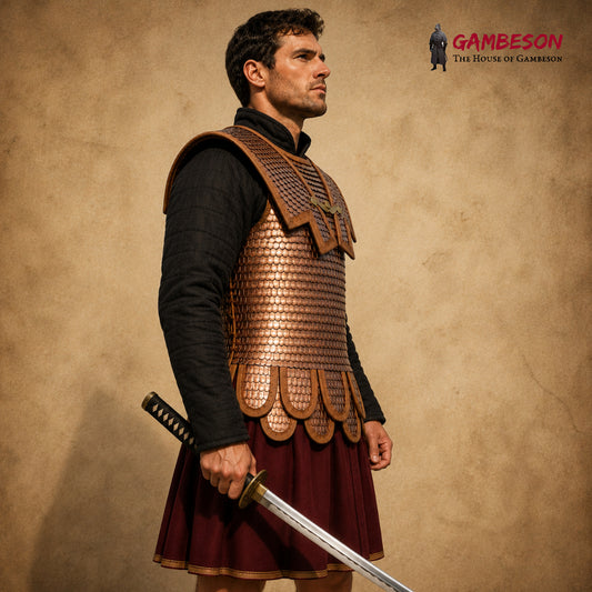 Roman Brass Lorica Squamata Armor with Double Layer & Pteruges – Medieval Halloween Costume (15x25 MM)