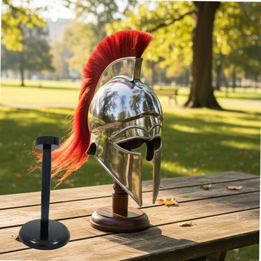 Greek Corinthian Helmet Silver Finish | Red Plume with Wooden stand
