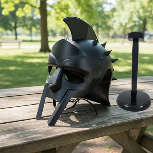 Black Spartan Gladiator Helmet with  wooden stand