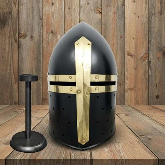 Medieval Black Sugarloaf Helmet – Knight Crusader Armor Helm with Wooden Stand