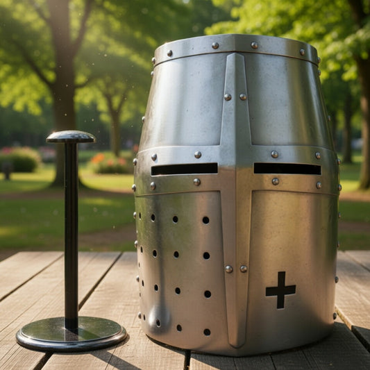 Knight Templar Helmet Silver with  Wooden Stand