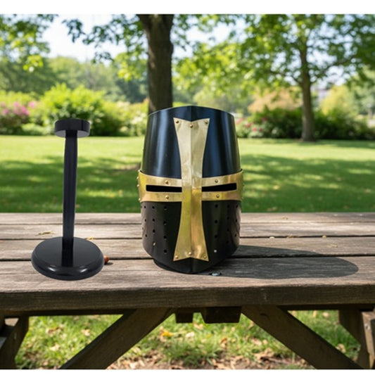 Medieval Templar Crusader Helmet |  wooden stand