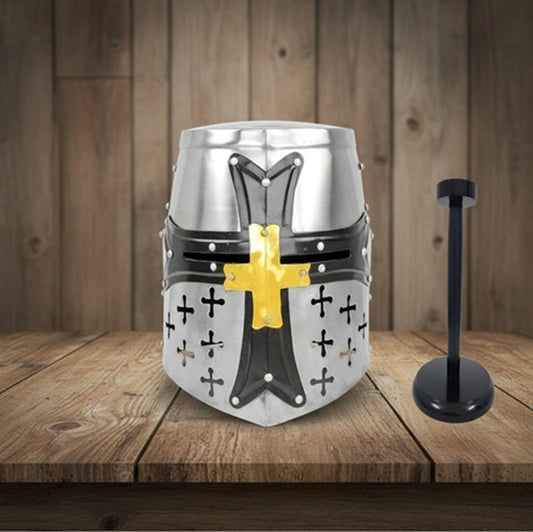 Crusader Templar Helmet Silver Steel Black Cross with Wooden Stand