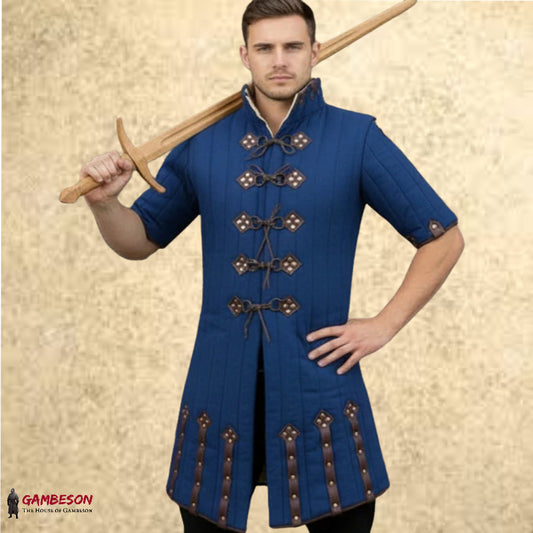 Quilted Gambeson – Padded Armor Coat with Leather Closures for LARP & Ren Faire