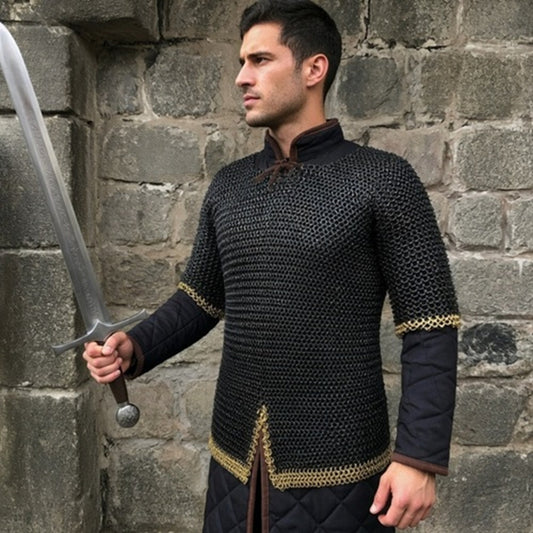 9mm Chainmail Haubergeon: Riveted Flat Ring Viking Shirt with Brass Trim for events