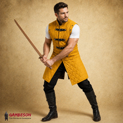 Medieval Black Cotton Gambeson – Thick Padded Aketon Jacket with Detachable Sleeves for Events
