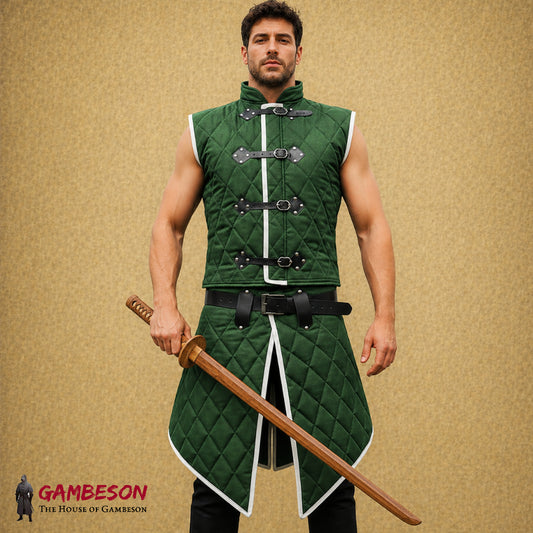 Medieval Gambeson Wine Red with White Trim – Padded Cotton Aketon Jacket with Skirt