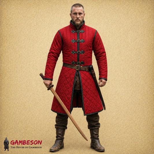 Handmade Linen Gambeson – Black Quilted Padded Armor for LARP, SCA & Medieval Costume with Leather Trim