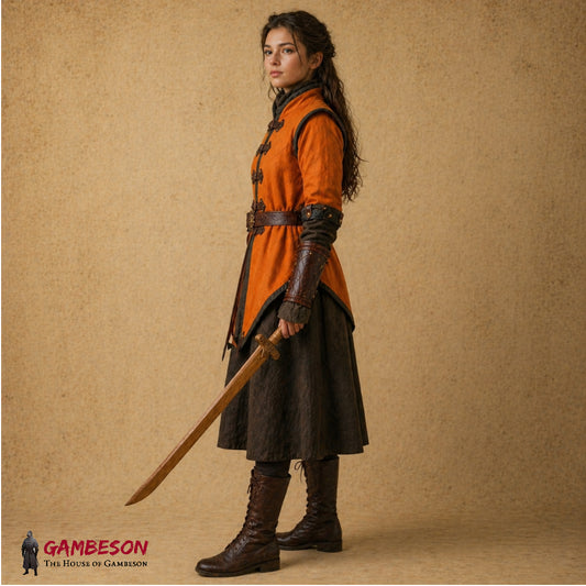Medieval Quilted Gambeson – Viking Style Armor with Brown Leather Trim for LARP, Reenactment & Costume Events
