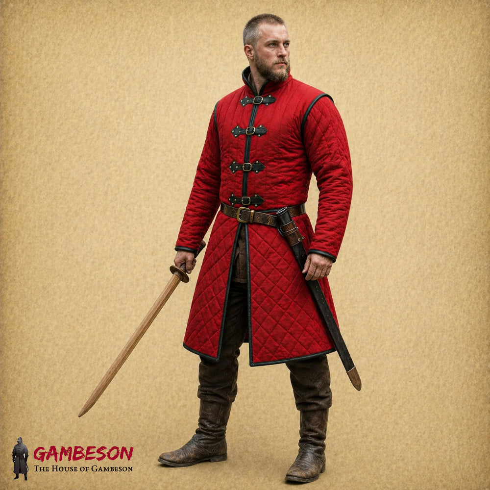 Handmade Linen Gambeson – Black Quilted Padded Armor for LARP, SCA & Medieval Costume with Leather Trim