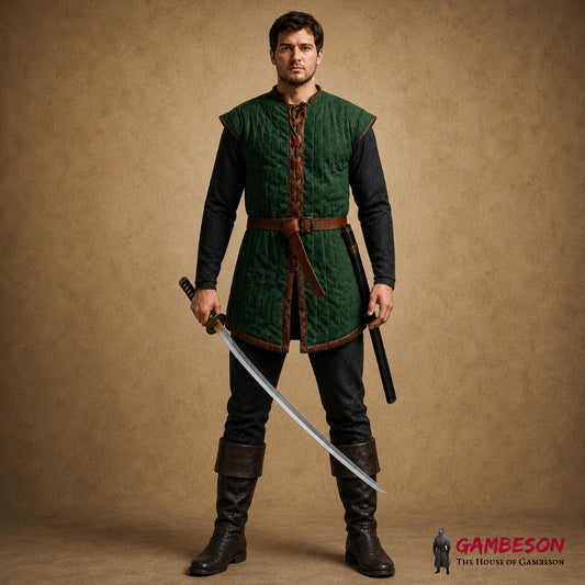 Royal Blue Medieval Padded Gambeson Armor with Brown Leather Accents for LARP and SCA Combat