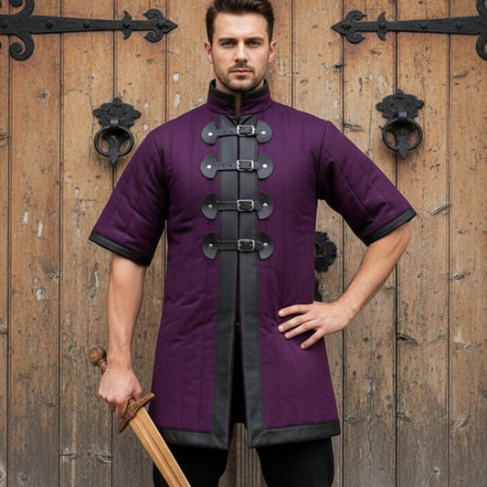 Medieval Blue Gambeson with Black Leather Trim – Short Sleeve Padded Armor
