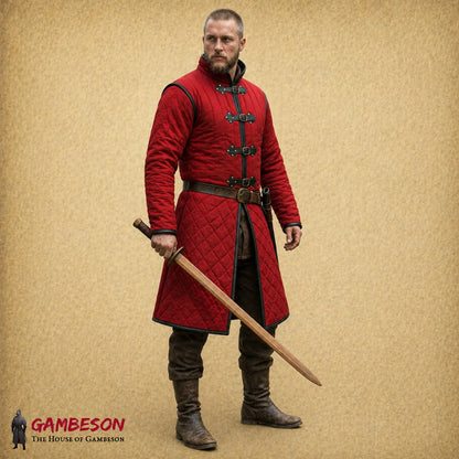 Handmade Linen Gambeson – Black Quilted Padded Armor for LARP, SCA & Medieval Costume with Leather Trim