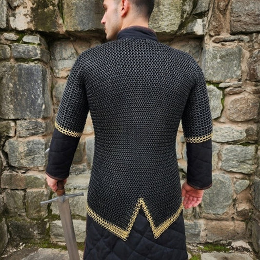 9mm Chainmail Haubergeon: Riveted Flat Ring Viking Shirt with Brass Trim for events